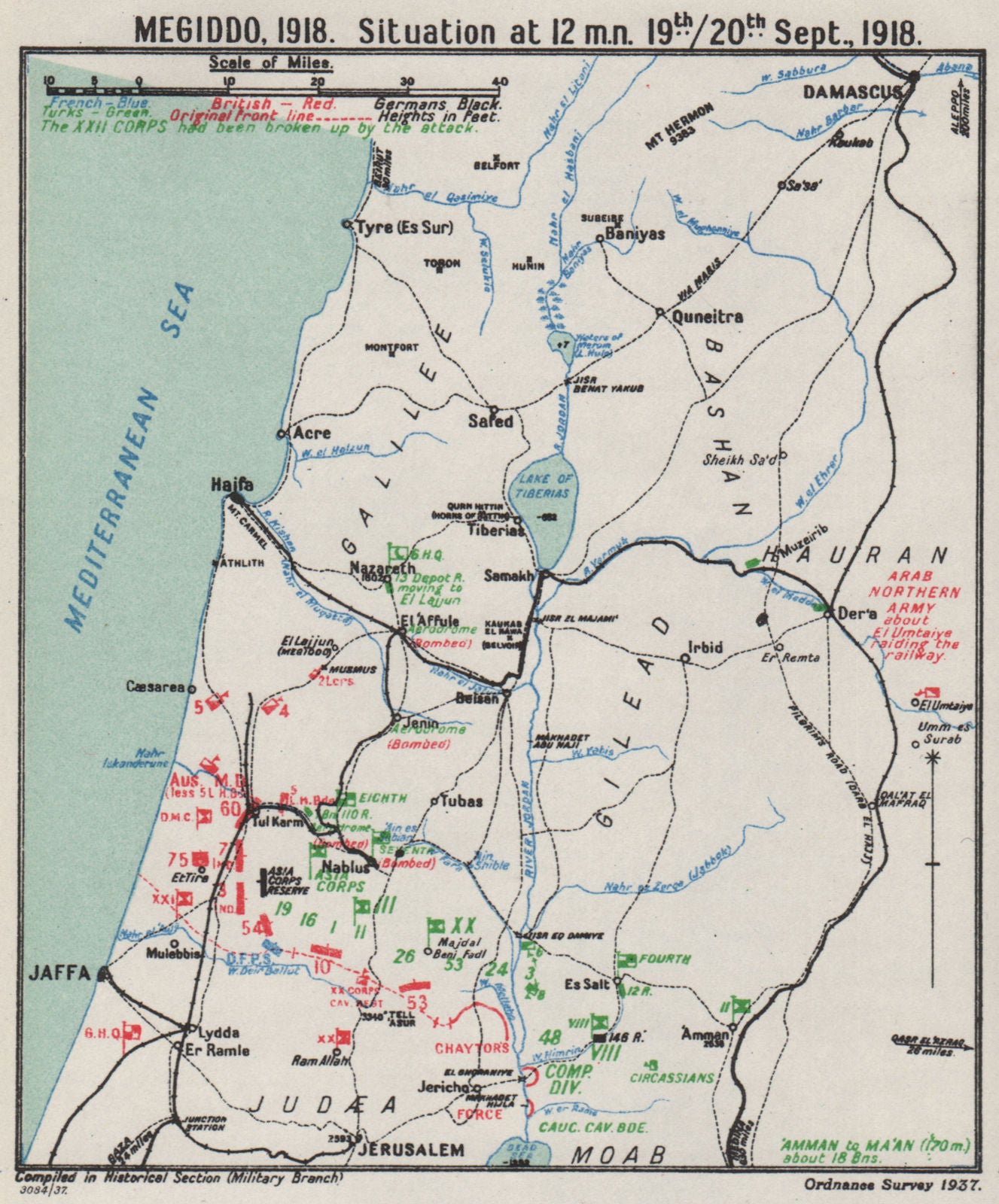 FIRST WORLD WAR. Battle of Megiddo, Midnight 19th Sept. 1918. Palestine 1937 map